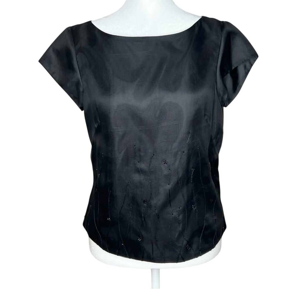 VTG Evan Picone Black Silk Blouse 4 Elegant Dainty Floral Beading Top Coquette